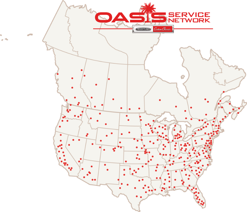 Image of North America with locations of service centers represented by red dots