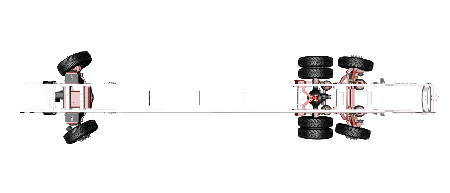 Full chassis frame rail render with front tires turning left and tag axle tires turning slightly right