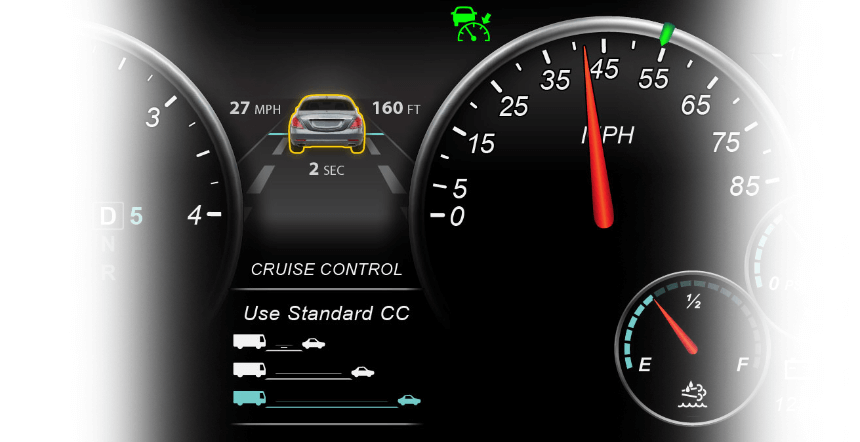 OptiView digital dash display showing vehicle ahead 2 seconds from impact at 160 feet and 27 mph