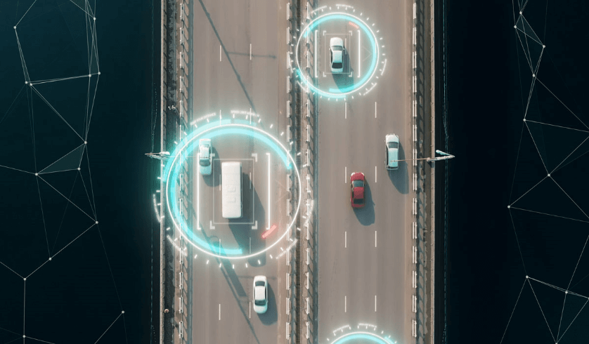 RV on highway with sensors showing potential hazards