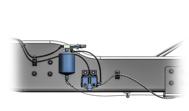 RV chassis frame rail showing BrakeSync air supply and wiring