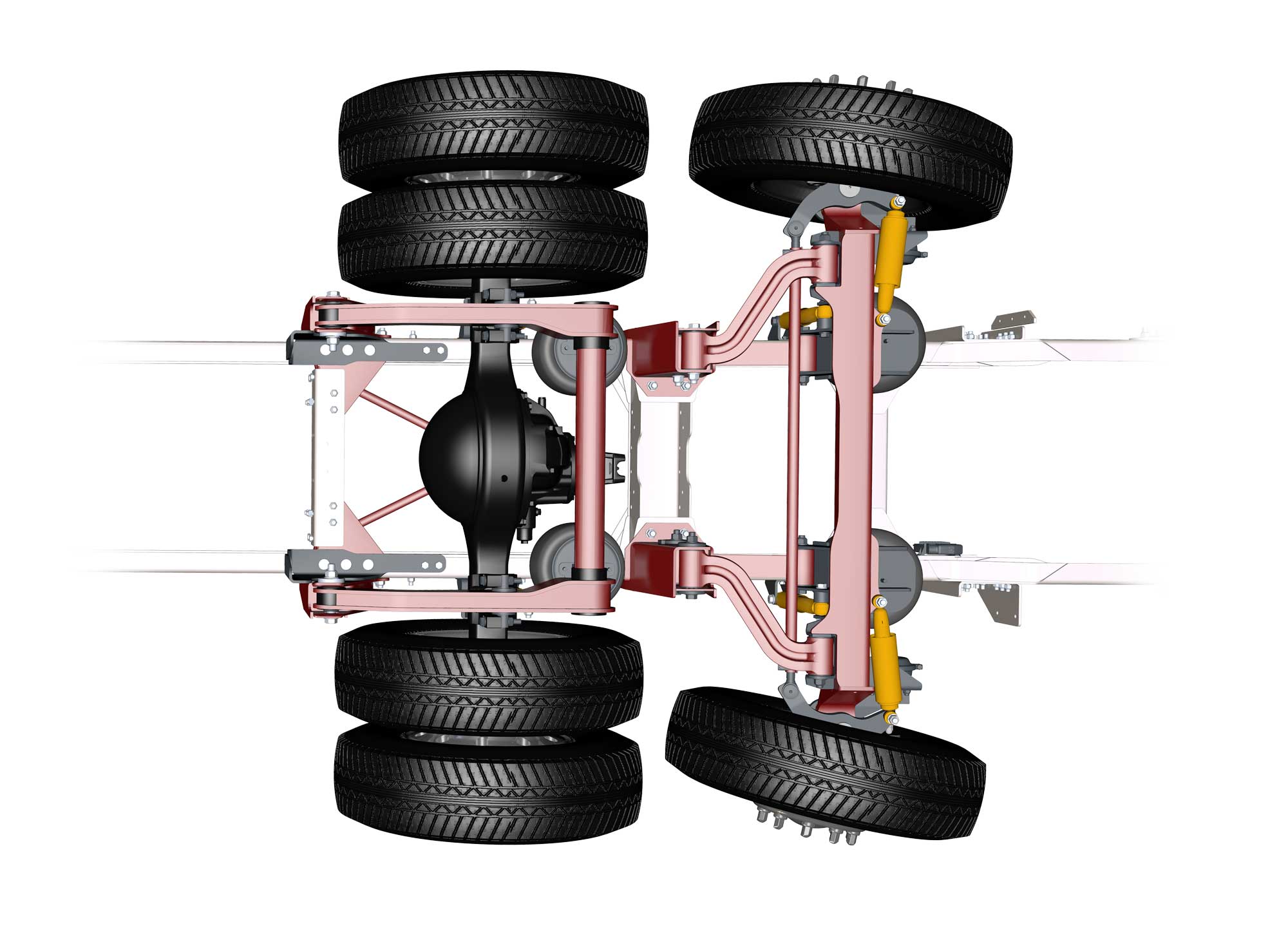 Motorhome rear axle and UltraSteer tag axle with tag tires turned slightly